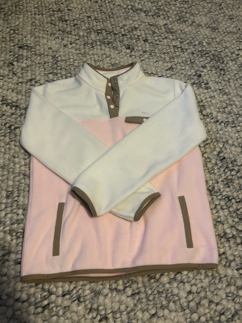 Vineyard Vines Pink & Ivory Fleece Pullover with Taupe Trim